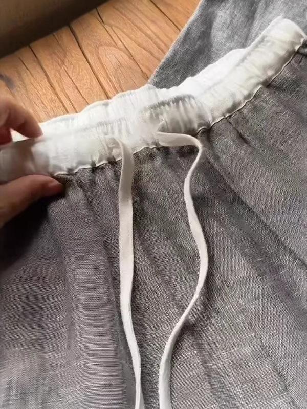 CHAOS Level Recommendation: High-End Gray Linen Wide-Leg Pants with Elastic Waist and Drawstring Design