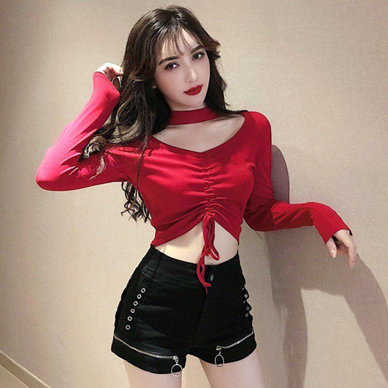 Women's T Shirt Camiseta Mujer Casual Long Sleeve Solid V-neck Crop Tops Woman Fashion Drawstring Bottom Top Tee Shirt Femme