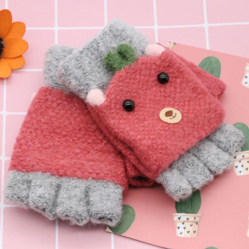 Children's Fingerless Winter Cartoon Kitten Gloves - Warm, Cute, Knitted Imitation Cashmere for Elementary Students