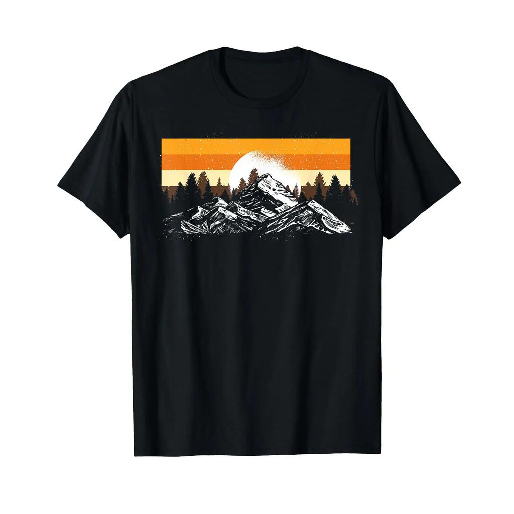 Retro Mountains Full Moon Outdoor Nature Wildlife Forest T Shirt Vintage Soft Top For Everyday Wear Homme Slightly