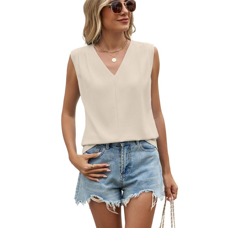 Summer Chiffon Shirt Women Loose V Neck Pleated Sleeveless Top Vest Solid Color Loose Blouse