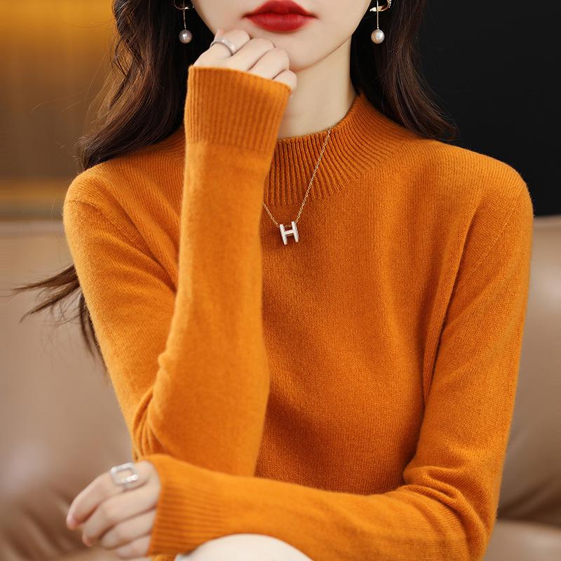 Women's Slim-Fit High Neck Wool Sweater - Autumn/Winter 2023 Collection, Solid Color, Base Layer