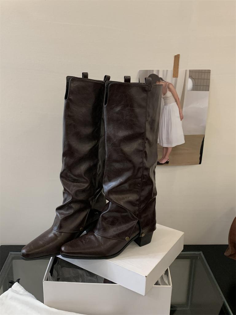 Spice Girl Style Pointed Head Thick Heel But Knee Boots Women's Fashion Temperament Thin Trouser Boots Western Cowboy Knight Boots