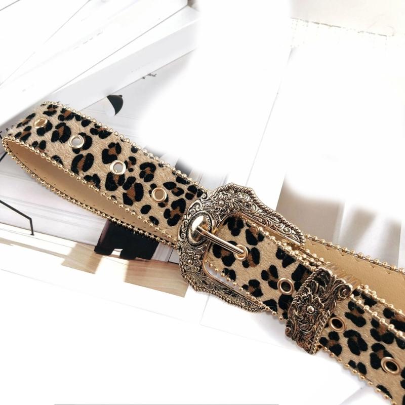 Fashion Leopard Print Belt Girl Metal Buckles Belt 2000s Waistband Ethnic Waistbelt Bead Trim Belt Aesthetic Buckles Belt