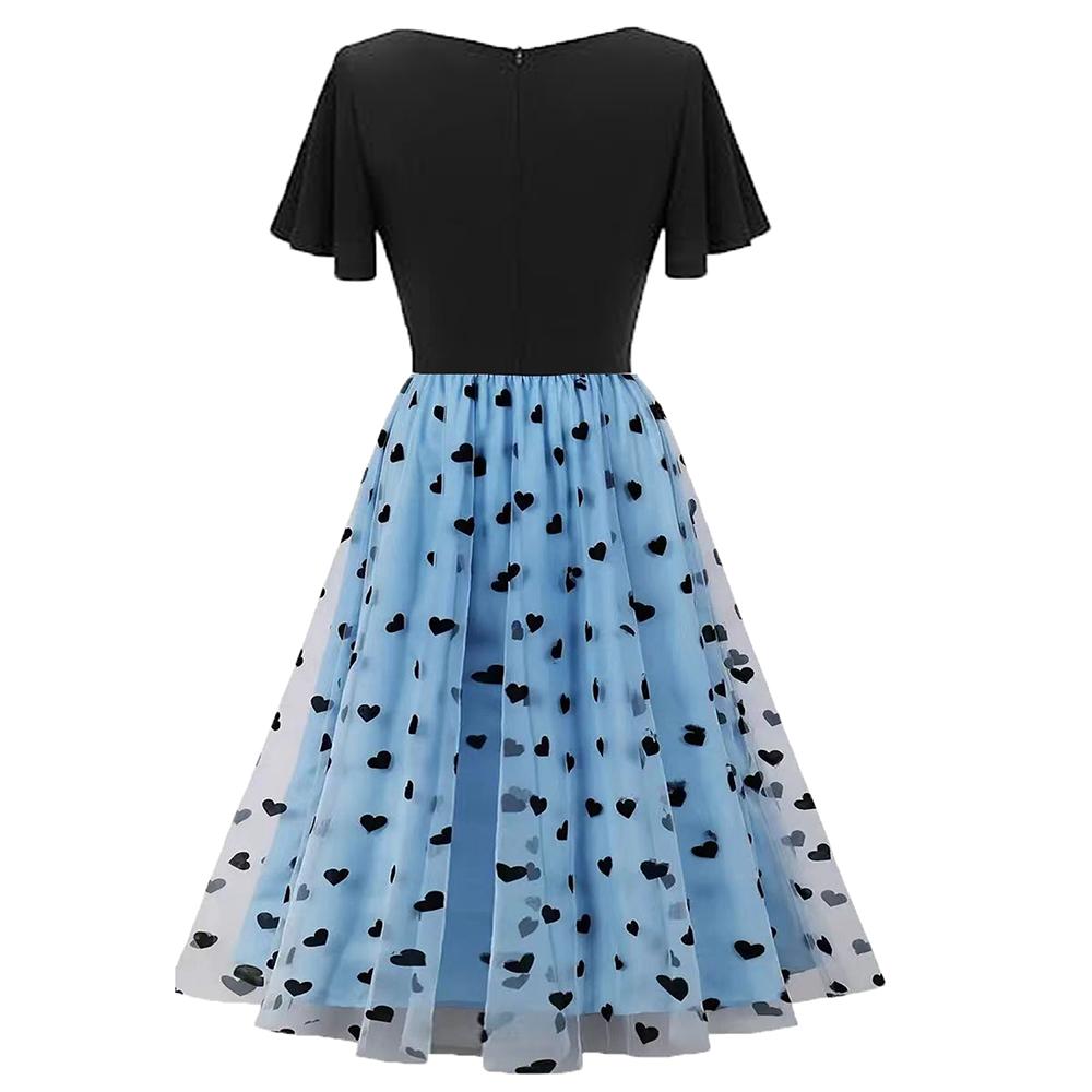 Damen Sommerkleider Mesh Flauschig Bedruckte Stickerei Retro Palast Stil Swing Midikleid Urlaub Party Lässige Oberbekleidung