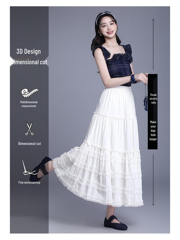 2026 Summer Women's Korean A-Line White Midi Skirt – High Waist, Lace Trim, Drape Design