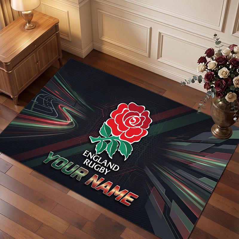 Tappeto in Velluto di Cristallo Personalizzato Rugby Inghilterra, Tappeto Morbido Antiscivolo con Testo Nome Personalizzato per Soggiorno Camera da Letto