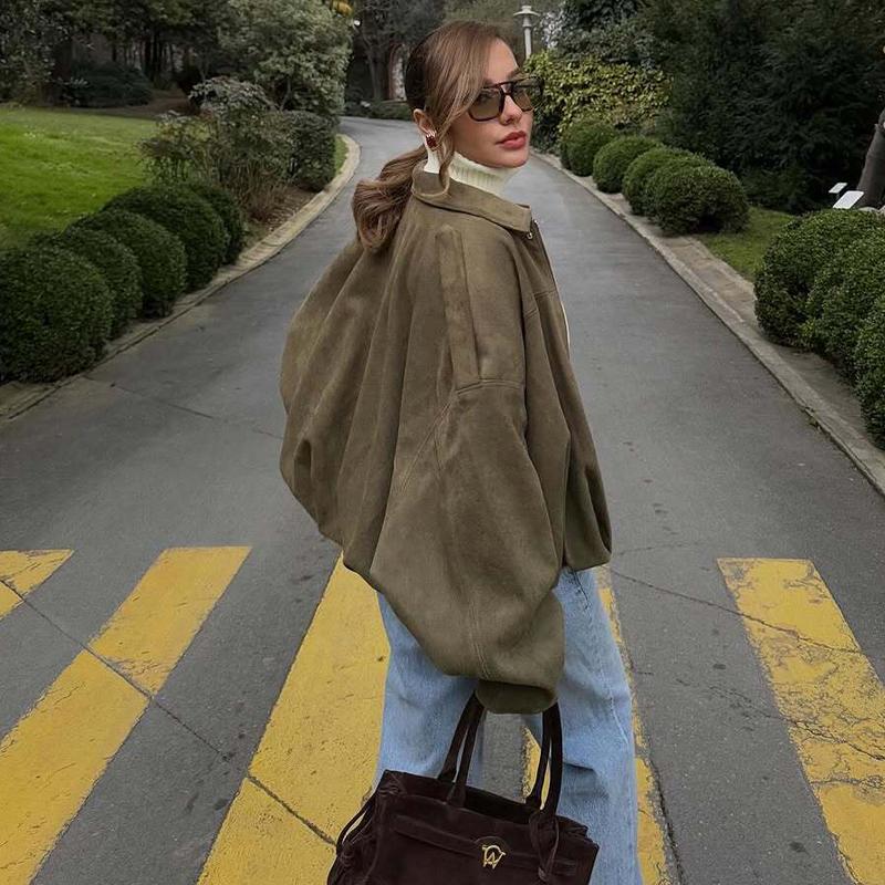 Suede Bomber Jackets Outerwears Oversized Woman Streetwear Zip Women's Coats Padded Varsity Jackets