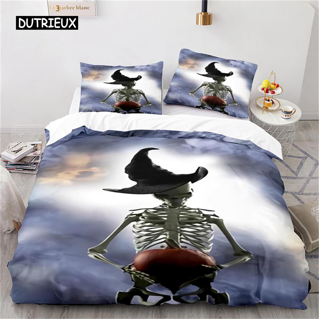 Duvet Cover Halloween Bedding Set Pumpkin Polyester Cartoon Horror Festival Bat Comforter Cover Twin for Kid Adult Gift Bedroom