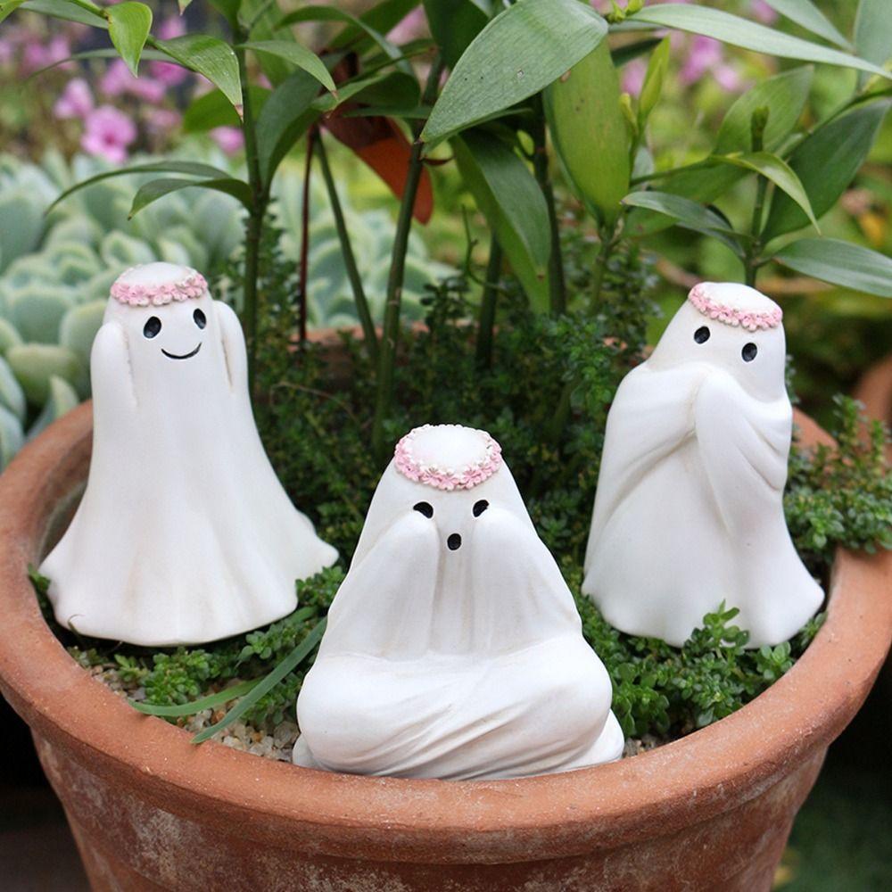 3pcs Resin Halloween Ghost Decor Set Cartoon Ghost Art Sculpture Floral Haunting Ornaments  Home