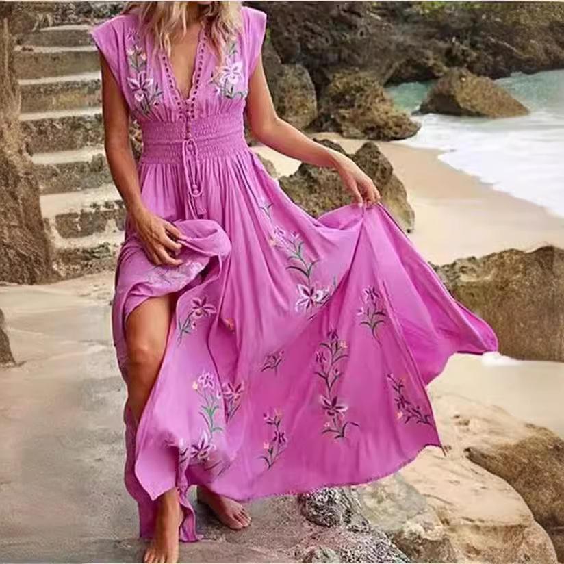 2025 Summer Women's V-neck French Bohemian Beach Dress