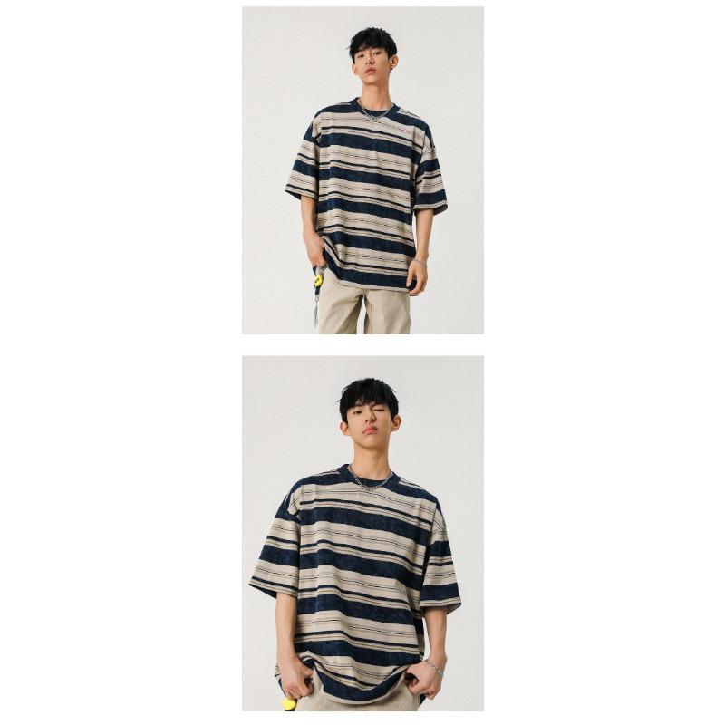 Herren Gestreiftes Lockeres Rundhals Casual Kurzarm T-Shirt