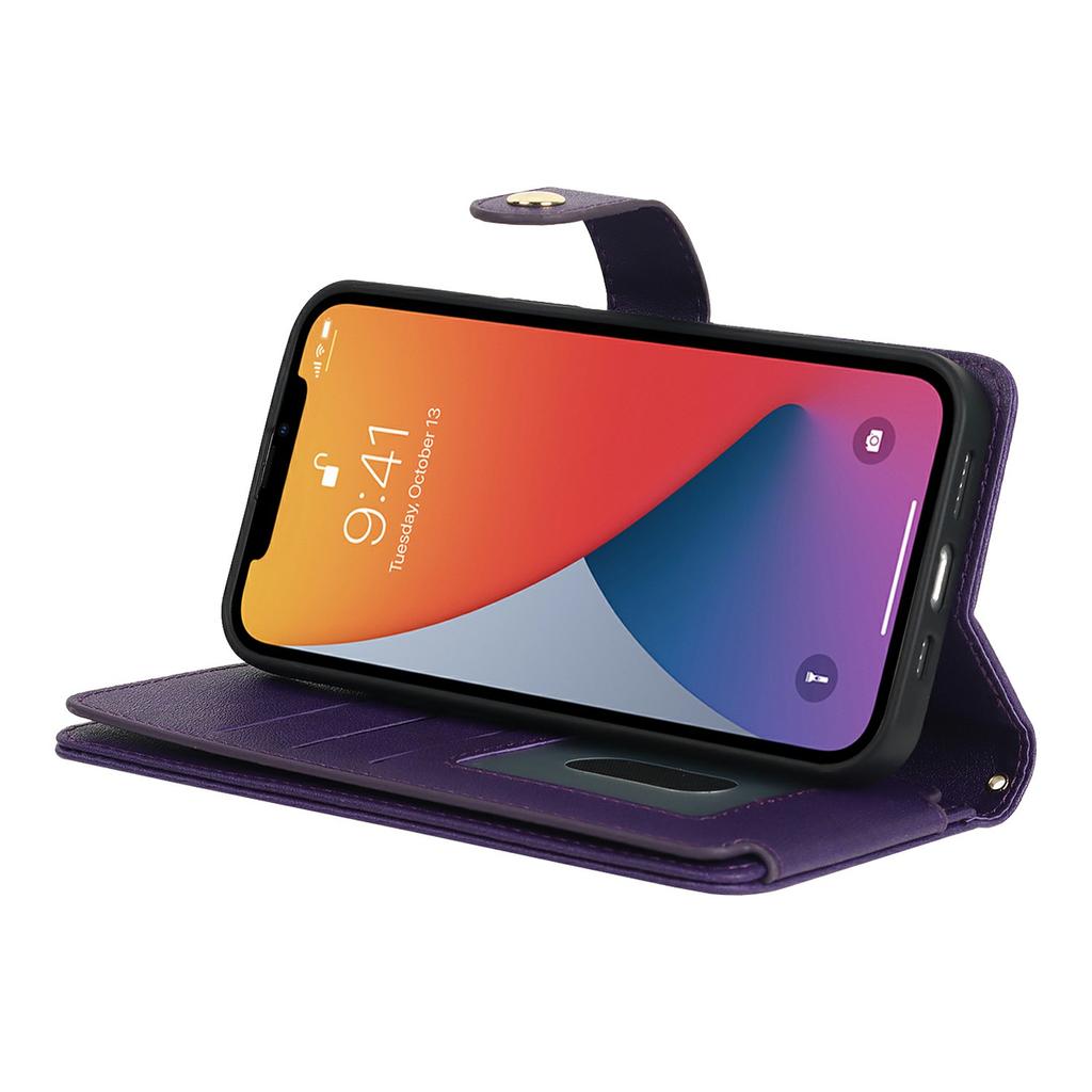 For iPhone 13 mini Stand Case PU Leather Phone Cover with Straps/Zipper Wallet/Multiple Card Slots