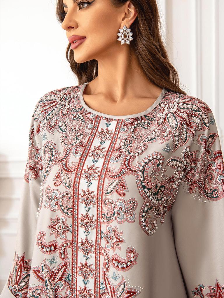 High-Density Beaded Print Muslim Abaya Dress