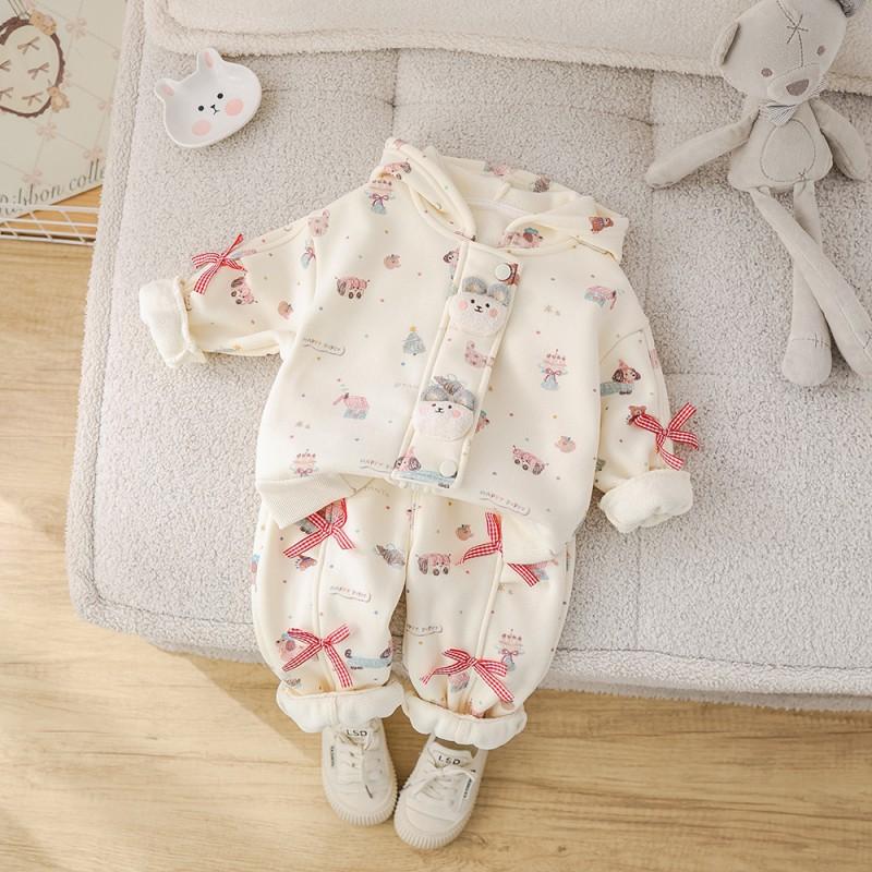 Girls Cartoon Bear Fleece Set Cute Bow Hoodie Pants Winter Outfit Kids Warm Clothing