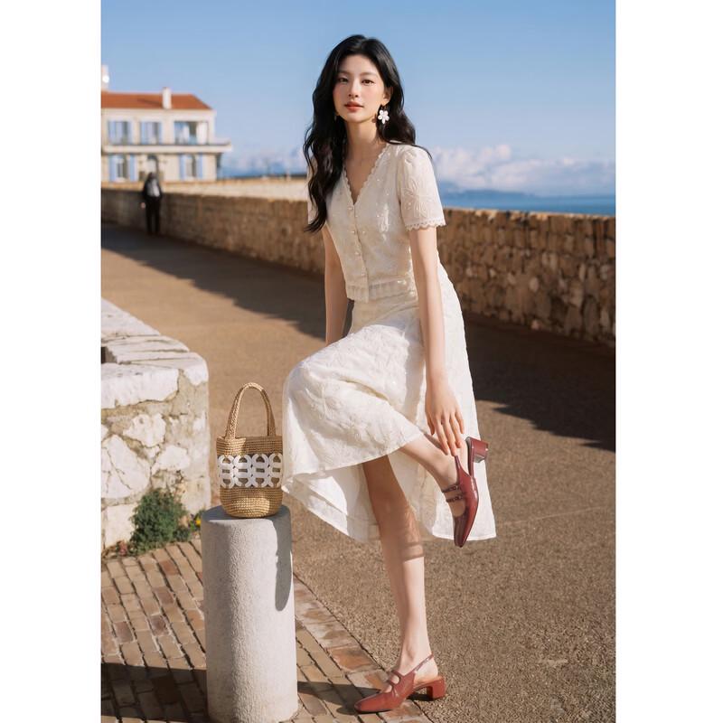 Women s French Floral Embroidered Puff Sleeve Two-Piece Set S
