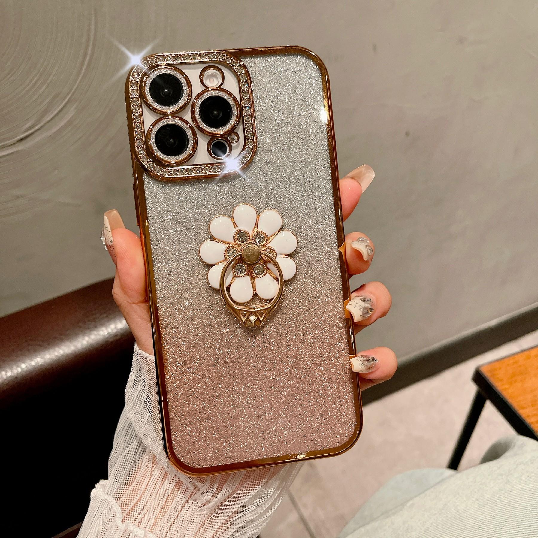 

For iPhone 16 Pro Max Case Electroplated Edge Kickstand Phone Cover with Camera Lens Film Gold