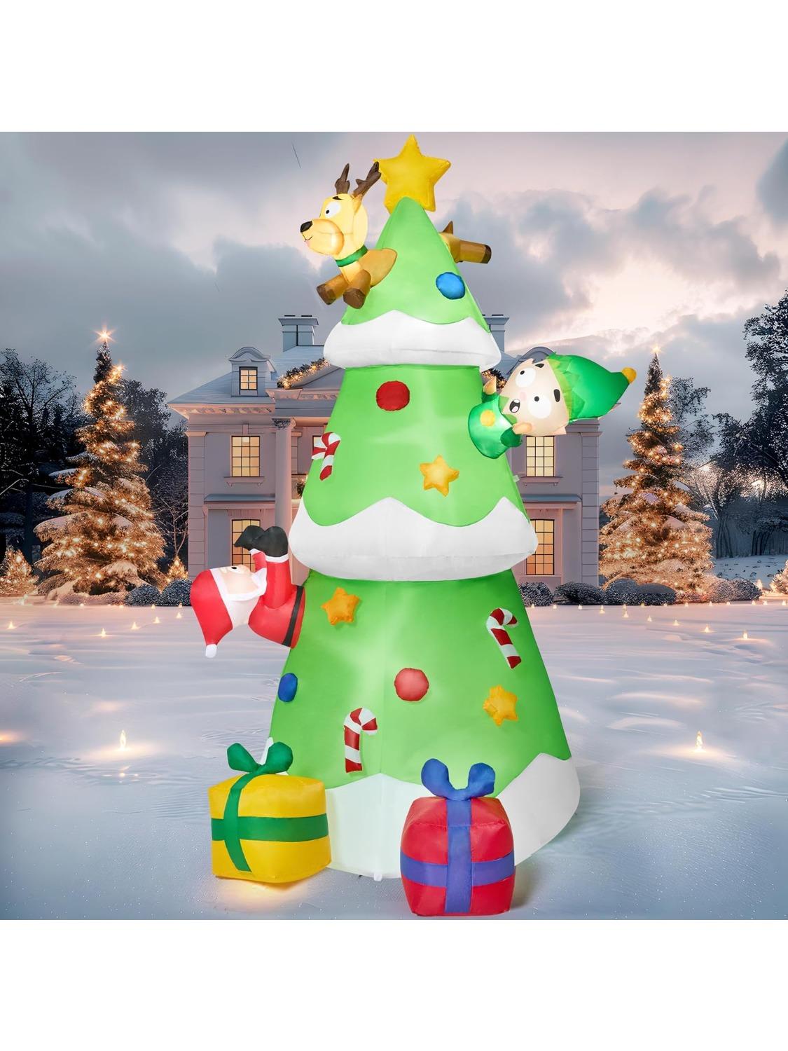 

JOYFY 8 футов высотой Рождественская елка Надувное уличное украшение с Сантой, Эльфом и Оленем Надувная Встроенная светодиодная подсветка для Рождественской вечеринки