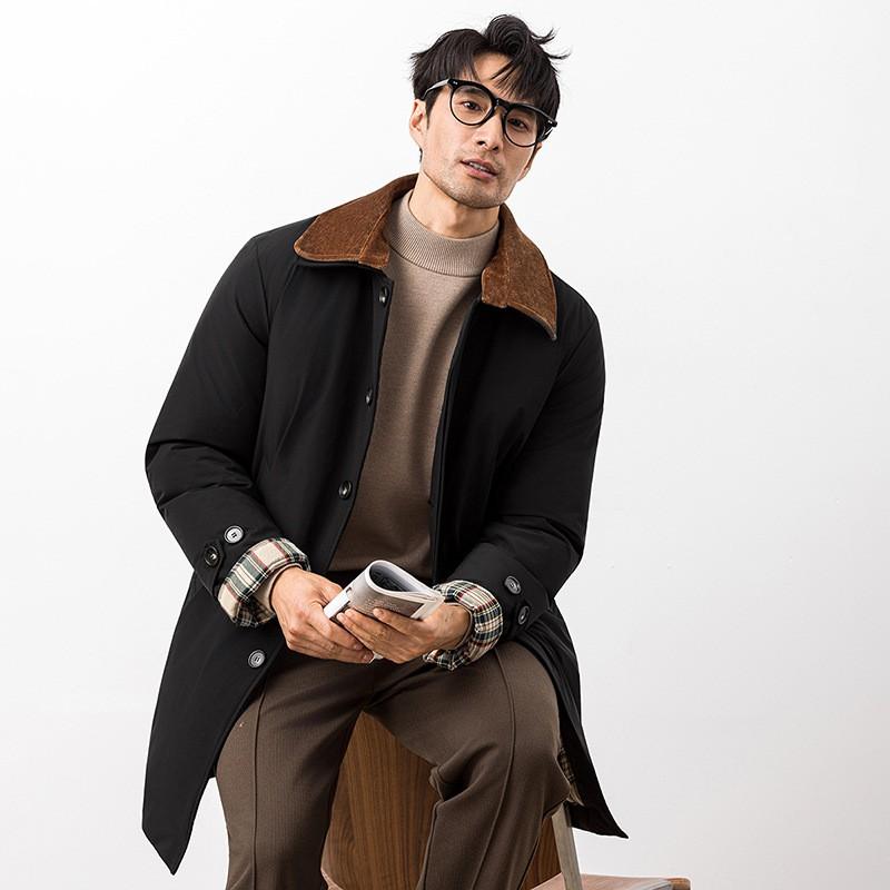 Mens Mid-Length Down Jacket Light Business Style Warm Winter Coat Slim Fit Solid Color Multiple Pockets