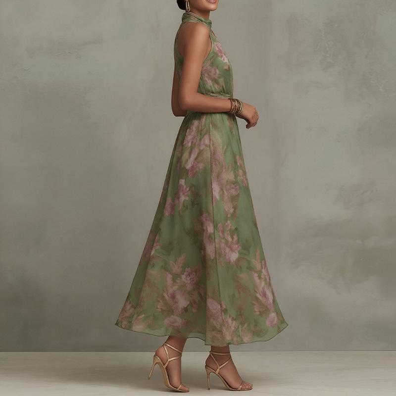Spring new women's clothing, European and American, fashionable and elegant printed neck-and-waist dress