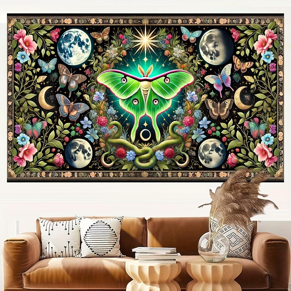 Luna Moth Wall Tapestry Cosmic Butterfly Art Moon Phases Floral Pattern Mystical Nature Decor Boho Living Room Wall Hanging