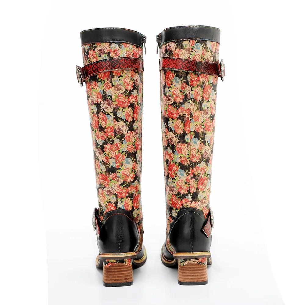 Johnature Handpainted Genuine Leather Women Long Boots Retro Floral Lace Up Belt Buckle Mid-calf Boots