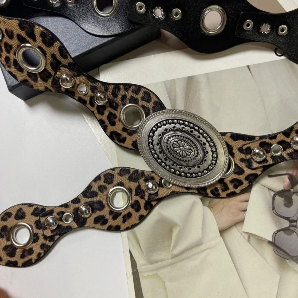 Leopard Leather Waistband Gothic Dress Jeans Belt Fashionable Women's Rivet Belt  Spicy Girls