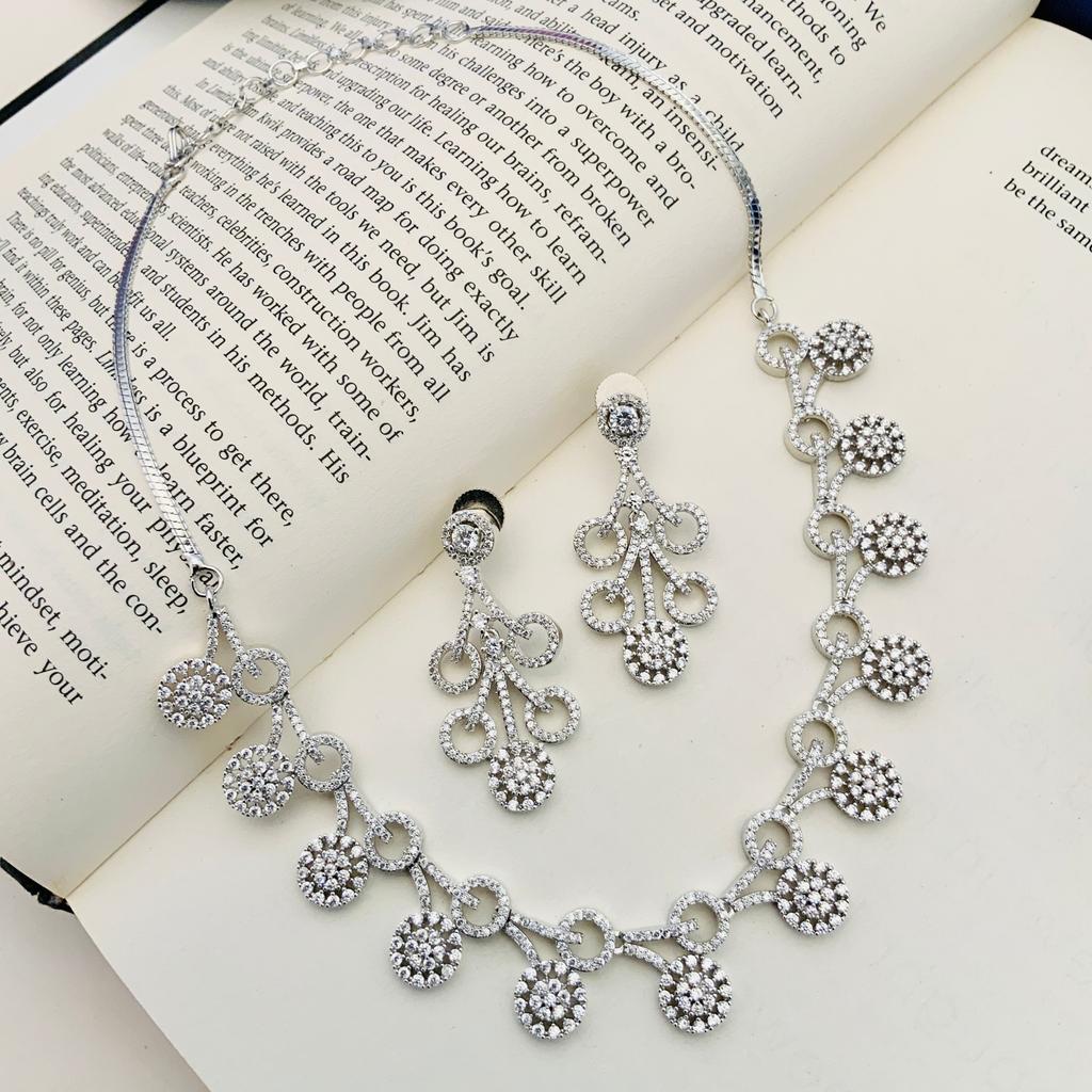 Silver Plated Diamond Round Necklace Set Diamond Necklace Set for Women