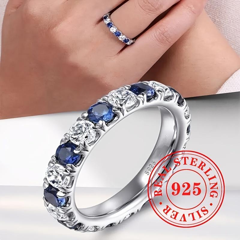 925er Echtsilber schlichtes und stilvolles Ring-Set besetzt mit blauen und weißen synthetischen Zirkonsteinen, Schmuck für Damen für Feiertage, Freizeit, Partys, ein Valentinstagsgeschenk