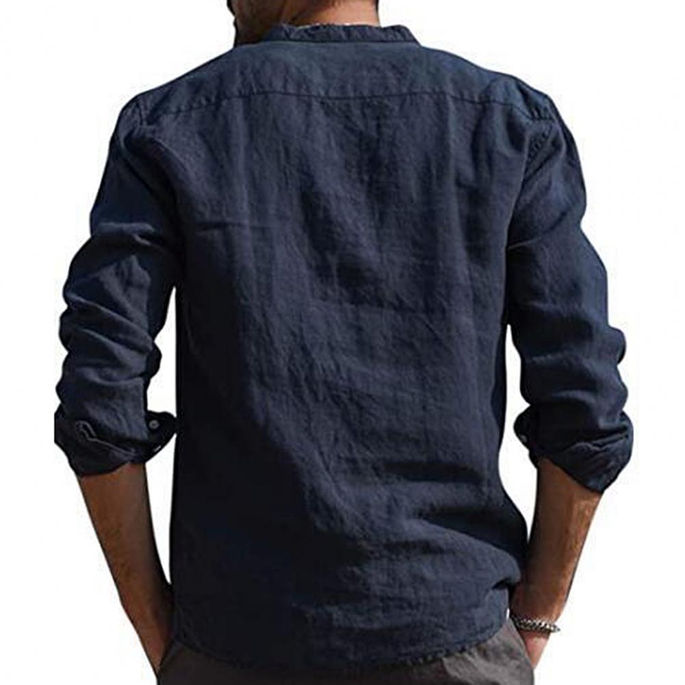 2024 Men Casual Shirts Solid Color V Neck Long Sleeve Shirt Simple Button Pocket Top Cotton Linen Skin-friendly Daily Wear Shirt