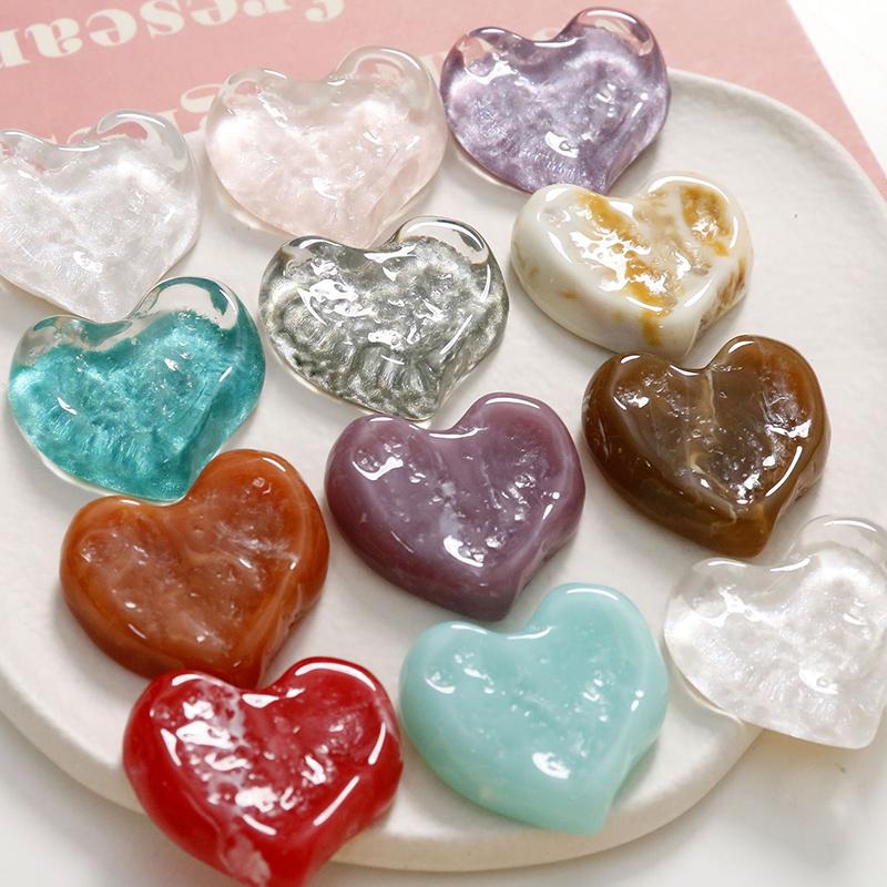 10Pcs Color Pattern Print Geometry Hearts Shape Resin Cabochon Beads Diy Jewelry Garment Hair Accessory