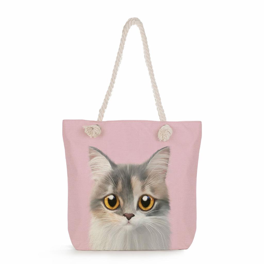 Multifunctional Cute Cat Printed Thick Rope Shoulder Beach Bag Casual Large Capacity Handbag 7608 KTB
