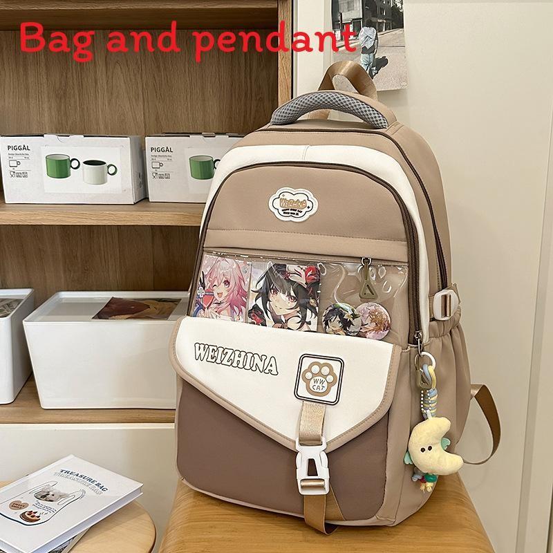 Color Blocked Fashionable Letter Printed Student Backpack With Pendant Daily For