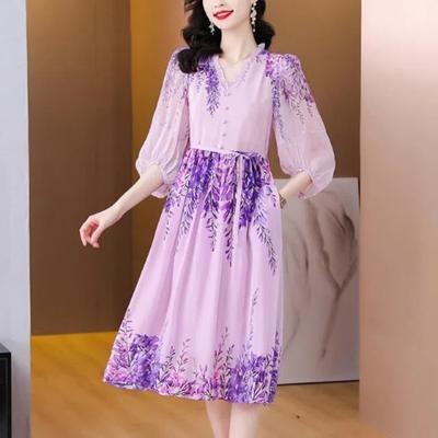 Spring Summer Women's 2024 New Spliced V-neck Printed Button Pocket Fashion Loose Minimalist Casual Seven Quarter Sleeve Dresses