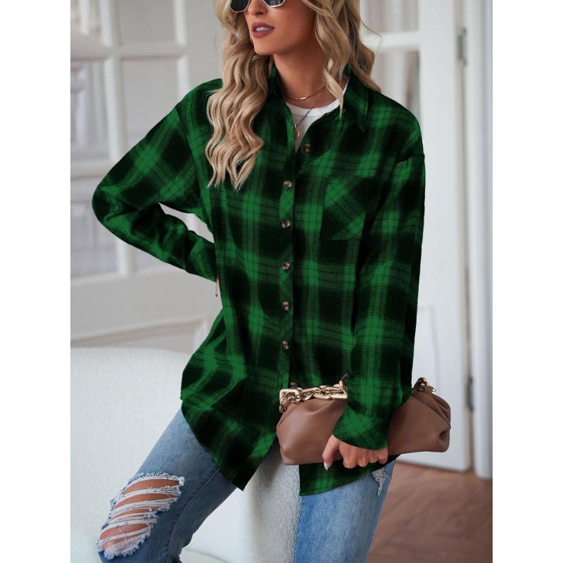 YYFS Women's Fashion Casual Spring Fall Plaid Print Long Sleeve POLO Neck Blouses & Shirts