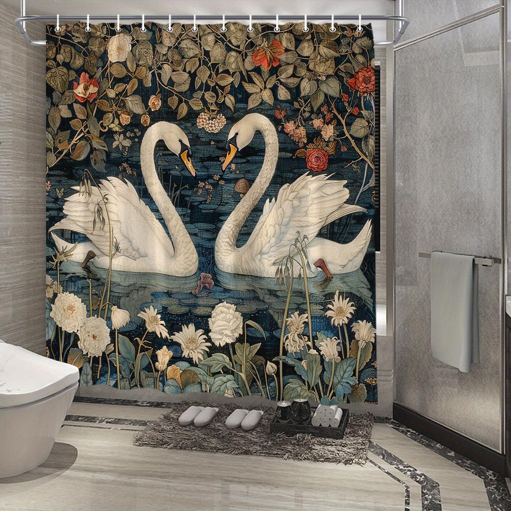 1Pc Victorian-Style Swans Shower Curtain - Romantic Pond Scene With White Swans, Lush Flowers & Greenery, Polyester Fabric
