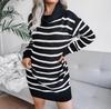 Casual Warm Sweater Dress Femme 2024 New Fashion Autumn and Winter Women's High Neck Black and White Striped Knitted Sweater