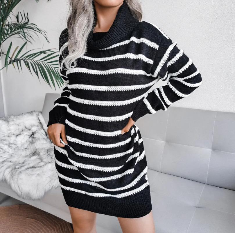 Casual Warm Sweater Dress Femme 2024 New Fashion Autumn and Winter Women's High Neck Black and White Striped Knitted Sweater