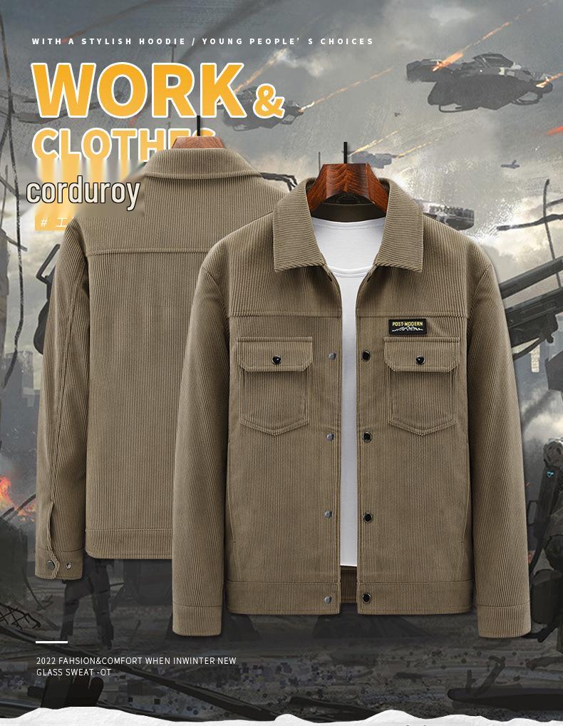 Men's Corduroy Striped Workwear Jacket with Pockets, Retro Lapel, Long-Sleeve.