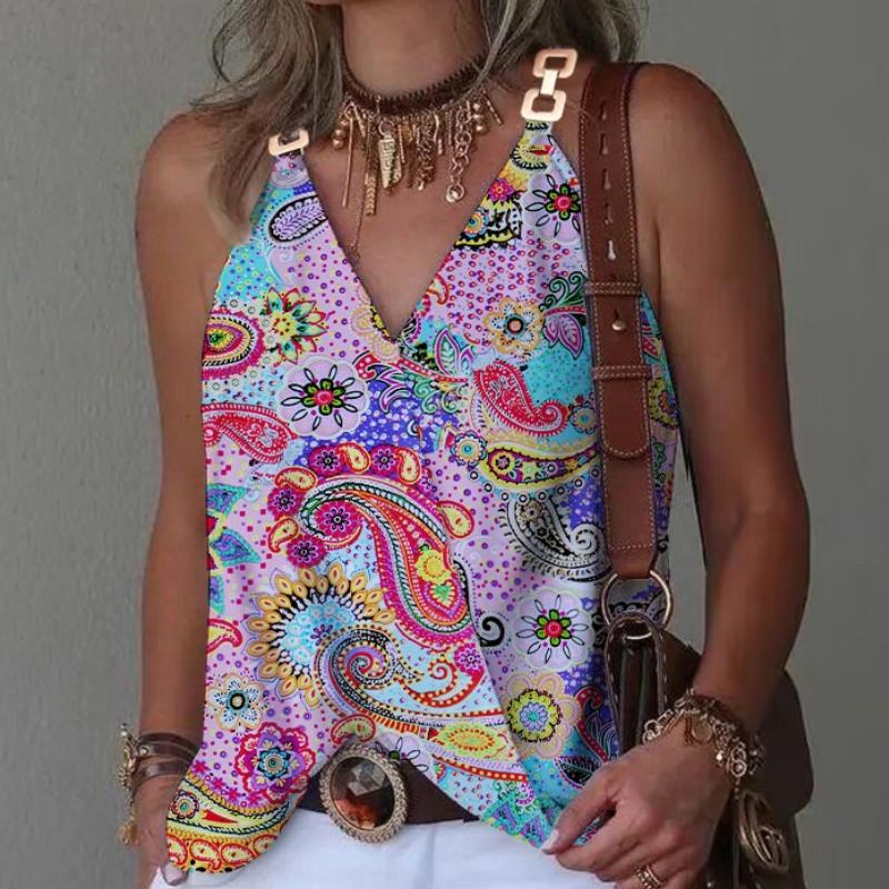 GMXIA Dámská móda Ležérní Jednobarevný potisk Letní vesty s kovovou přezkou bez rukávů s výstřihem do V