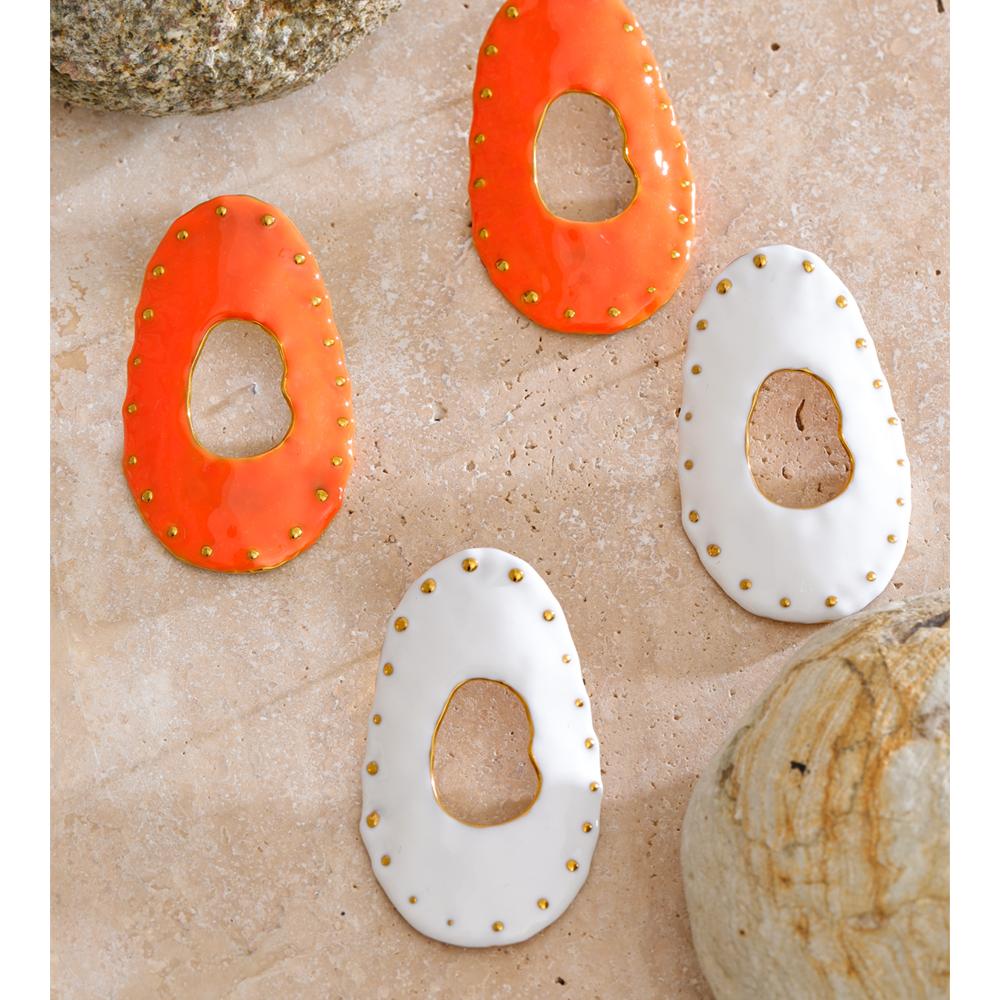 Eetit Stainless Steel Enamel Oval Hollow Stud Earrings Rust Proof Metal Fashion Jewelry Orange White Color