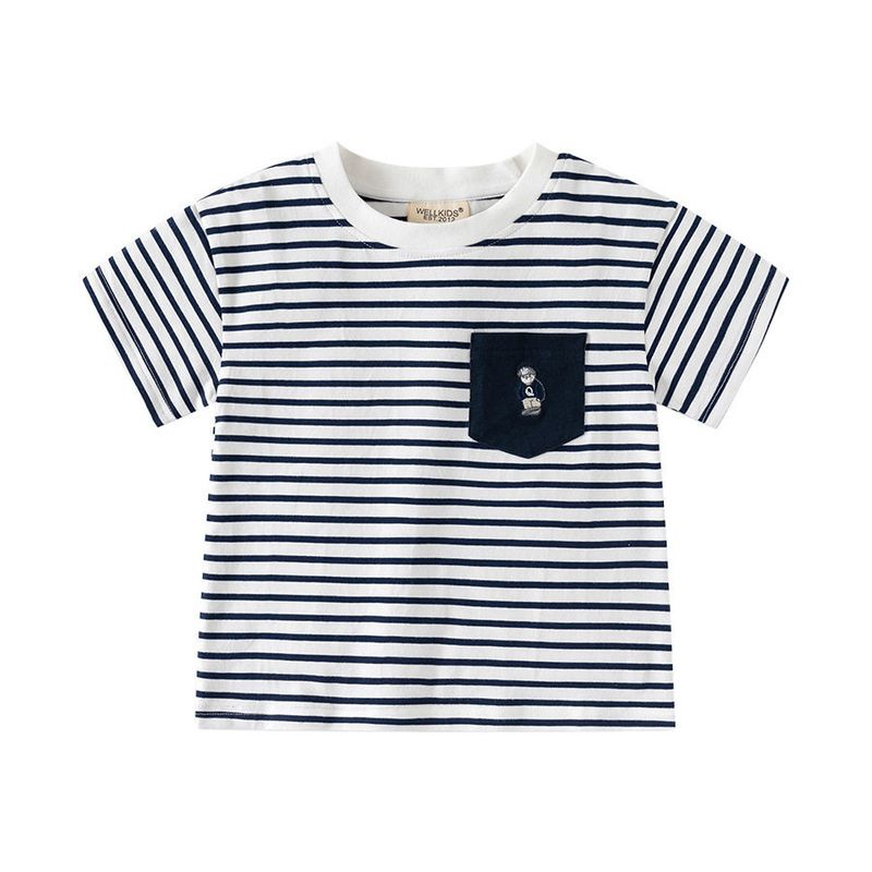 Boys' Pocket Short sleeve T-shirt Children's Half Sleeve round Neck Top Summer Thin Baby Boys' Cotton Stripe Children's Clothing