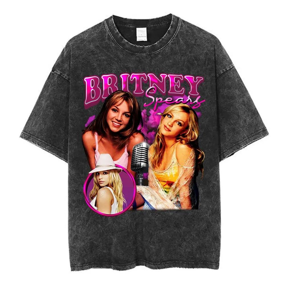 Britney Spears 2000 Tour Vintage Wash Oboustranné Oversized Tričko, Unisex Y2K Pop Fan Streetwear Tričko, 100% Bavlna Ležérní Krátký Rukáv
