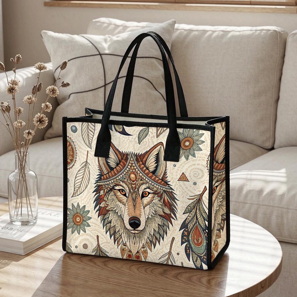 Bohemian Wolf Printed Tote Bag Casual Large Capacity Daily Commuter Shopping Handbag