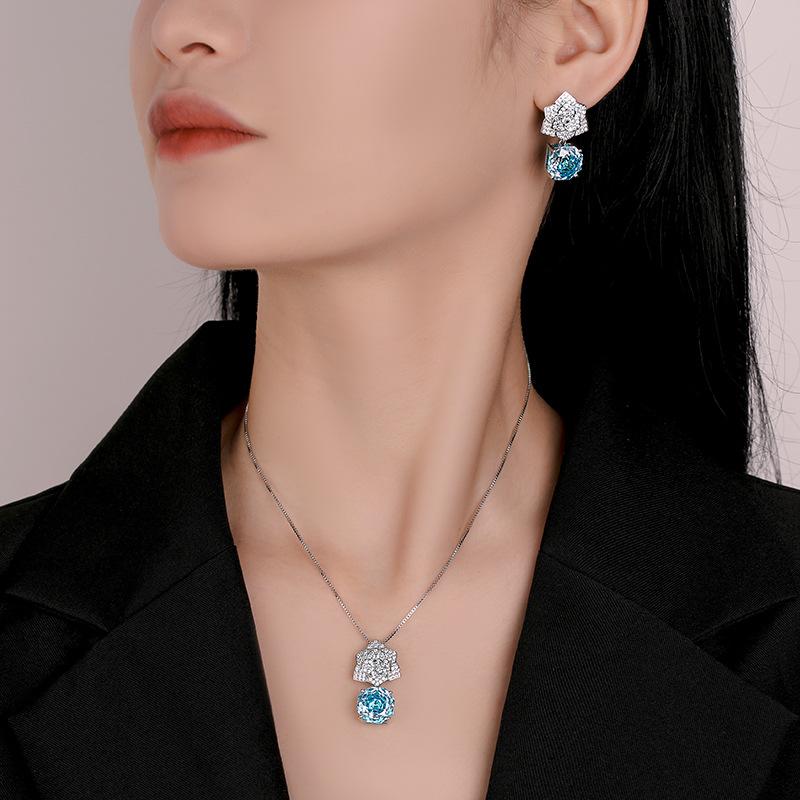Jewelry Simulation Rose Cut Sea Blue Petal Pendant Set Main Stone 12Mm