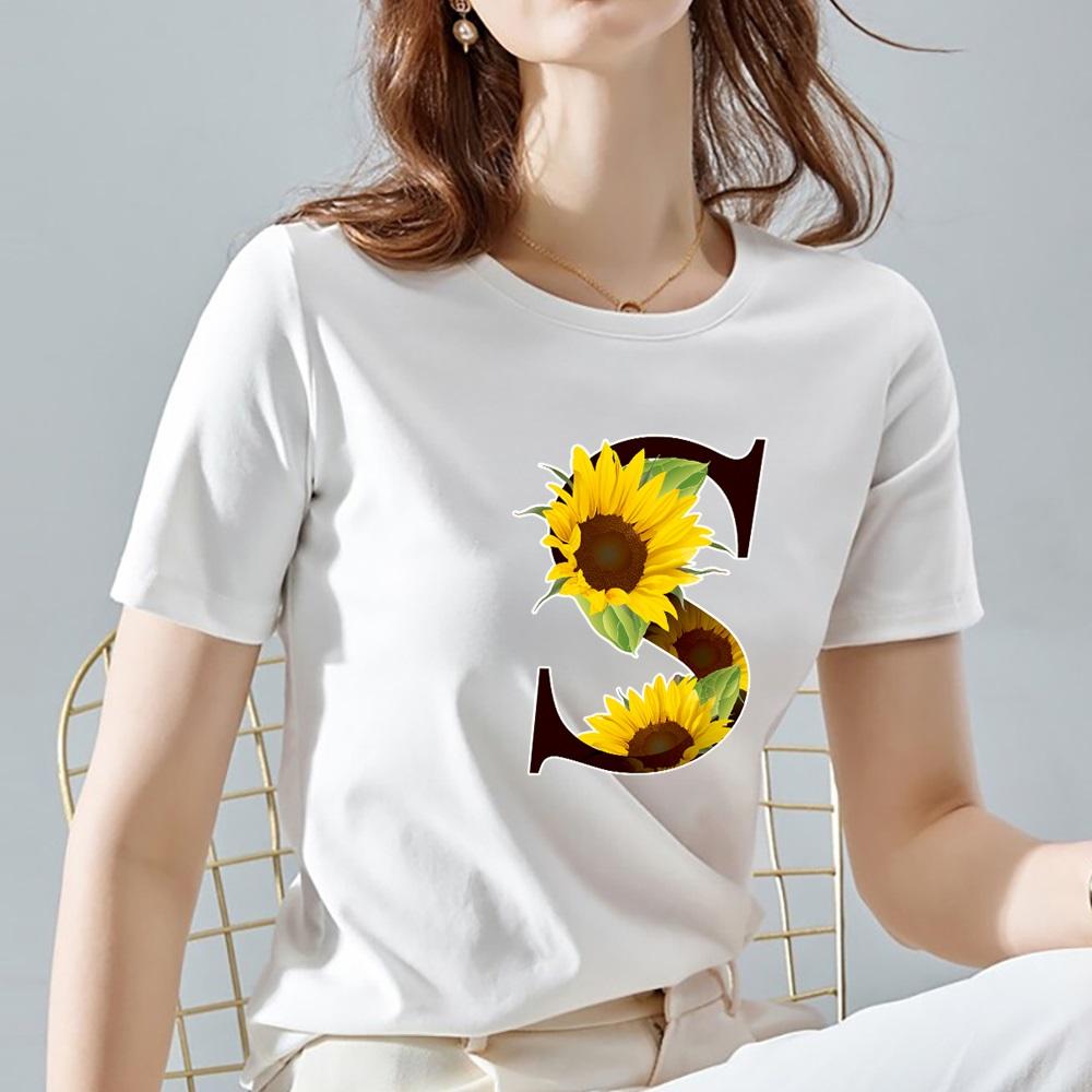 O Neck White Top Women 2022 Summer Casual T Shirt Basic Flower Color Letter Name Pattern Print Short Sleeve Tops Ladies Clothes