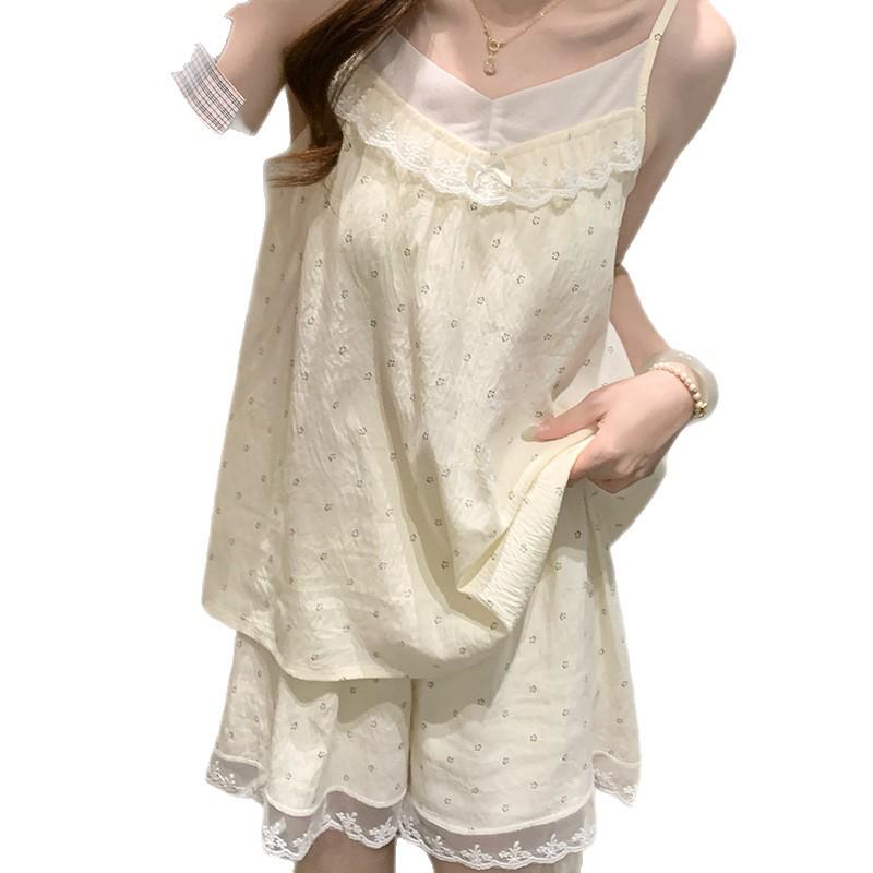 Princess Style Cloud Cotton Pajama Set for Women with Built-in Bra