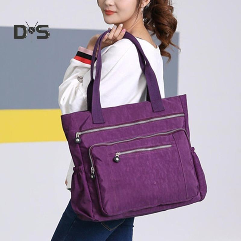 Solid Color Multi Pocket Zip Handbag Nylon Shoulder Storage Bag