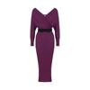 Purple V-neck Knit Sweater Dress for Women Fall Elegant Style Knitted Batwing Sleeve Slim-Fit Long-Sleeve Bodycon Dress