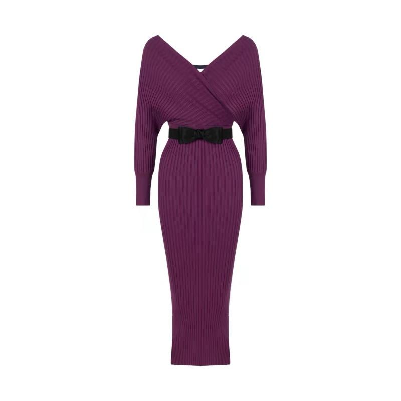 Purple V-neck Knit Sweater Dress for Women Fall Elegant Style Knitted Batwing Sleeve Slim-Fit Long-Sleeve Bodycon Dress